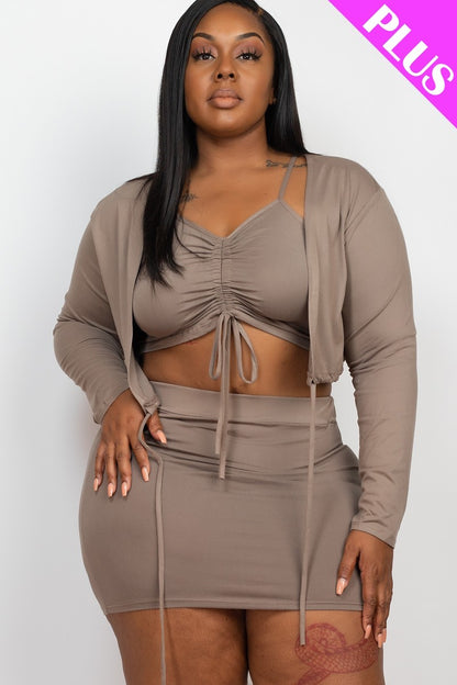 Plus Size Ruched Drawstring Cami Top & Skirt Set With Cardigan