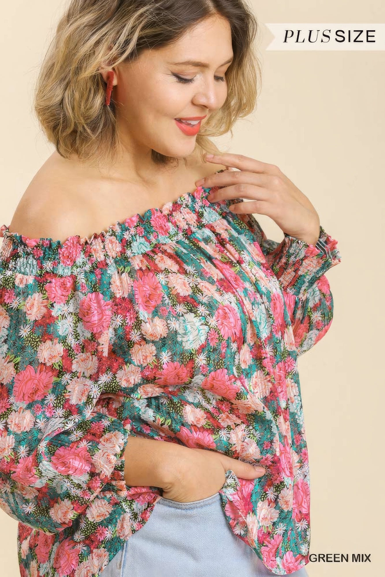 fleurige off-shoulder top grote maten