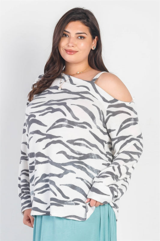 Shirt grote maten zebra print schoudertop met lange mouwen